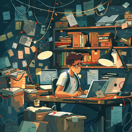 Vector illustration of a man working at his desk in the office.の素材