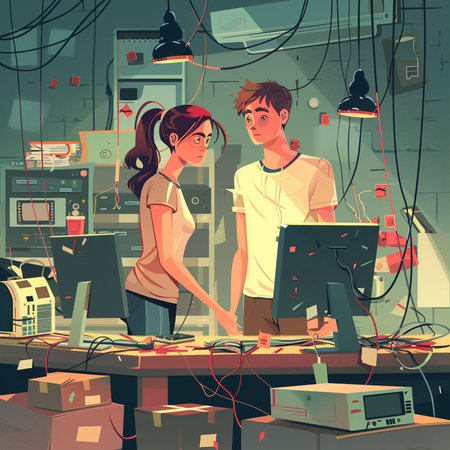 Vector illustration of young man and woman working on computer in office.の素材