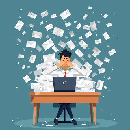 Businessman sitting at the desk with a lot of flying envelopes. Vector illustration.の素材