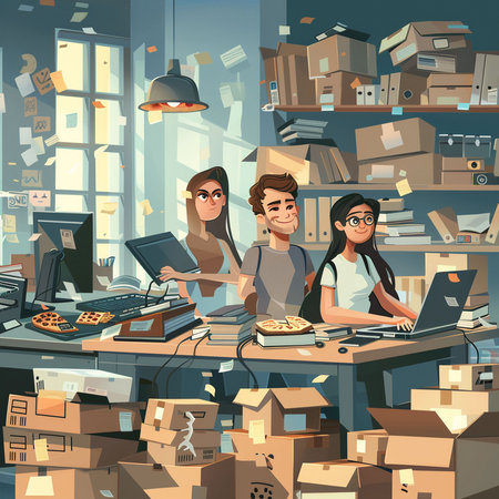 Vector illustration of a group of people working in a small office.の素材