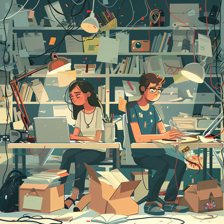 Illustration of a young man and woman working in the office.の素材