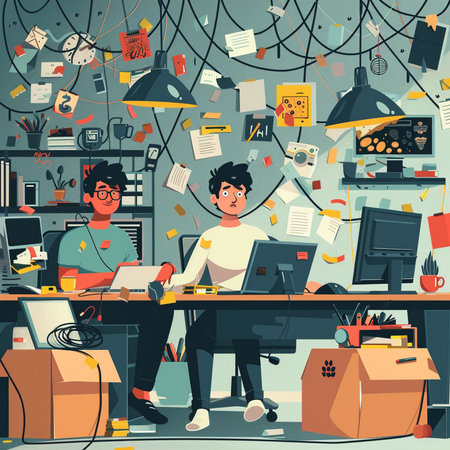 Vector illustration of a young man working at the computer in the officeの素材