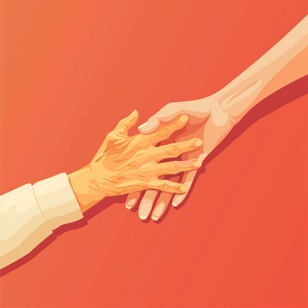 Vector illustration of a human hand reaching for a helping hand on a red backgroundの素材