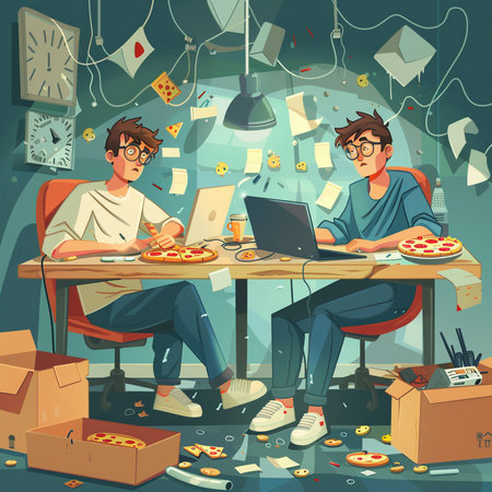 Vector cartoon illustration of two young men sitting at the table and eating pizzaの素材
