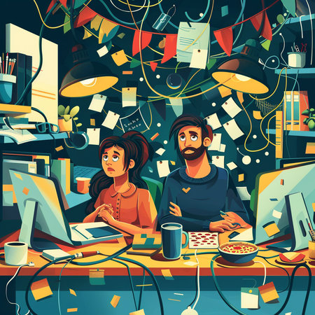 Cartoon vector illustration of a man and woman working at the computer.の素材