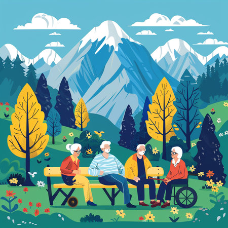Elderly people sitting on a bench in the park. Vector illustrationの素材