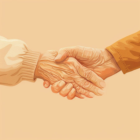 handshake of old and young people, retro style vector illustration.の素材