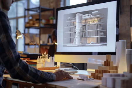 Architect working on blueprint at office, building model on computer screenの素材