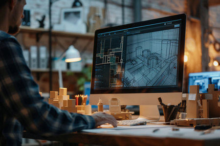 Architect working on blueprint at workplace in office. Architect working on computer.の素材