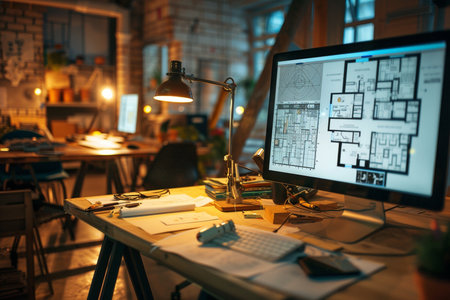 Architect working on computer at modern office. Architect workplace. Construction concept.の素材