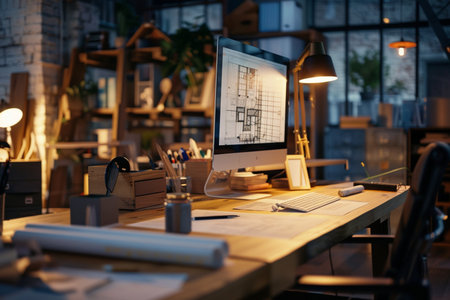 Working place of architect at night in office. Workplace with computers and drafts.の素材