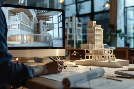 Architect working on blueprint at desk in office, architectural project conceptの素材