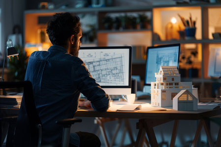selective focus of architect working with model of house on computer at nightの素材