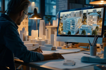 Architect working on blueprint in office at night. Construction concept.の素材