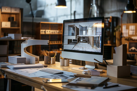 Architectural design and model of a building on a computer screenの素材