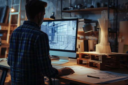 Architect working on drawing table in office at night. Construction conceptの素材