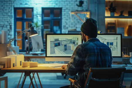 Architect working on blueprint in office at night. Construction concept.の素材