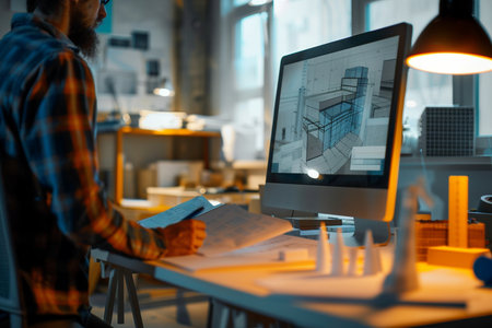 Architect working on computer in office at night. Construction concept.の素材