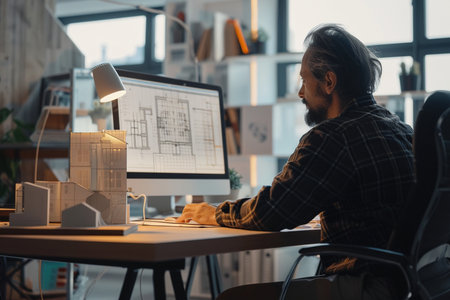 side view of architect working on blueprint at workplace with computer in officeの素材