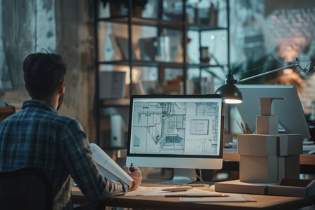 selective focus of architect working with blueprint on computer in office at nightの素材