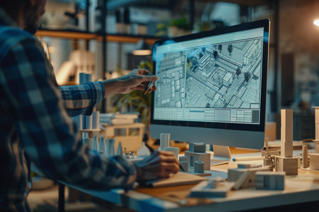 Architect working on blueprint at desk in office. Architect working on construction projectの素材