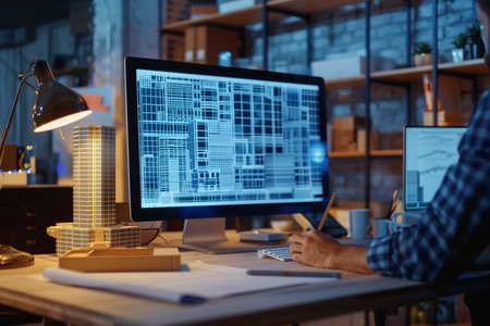Architect working on computer in office at night. Construction concept.の素材