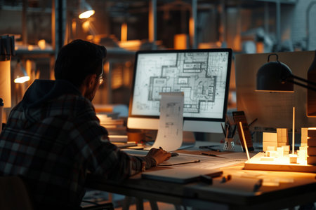 Architect working on blueprint at night in office. Construction concept.の素材