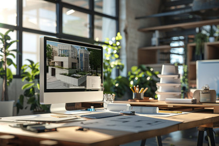 Designer workplace with computer in office. Mock up, 3D Renderingの素材
