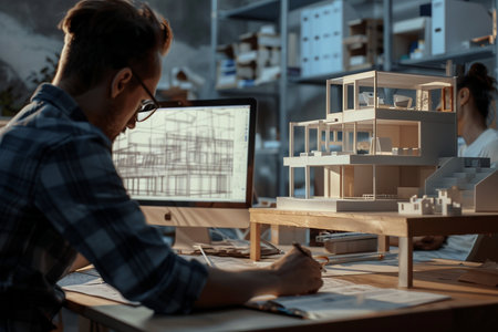 Architect working on drawing table in office. Architect working with model of house.の素材