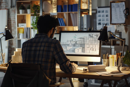 Architect working on computer while sitting at his desk in office.の素材