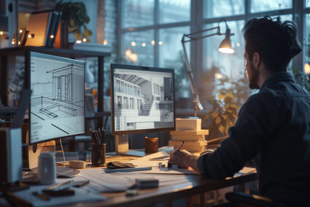 Architect working on blueprint at workplace in office. Architectural project.の素材