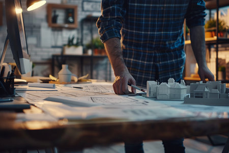 Architect working on blueprint at desk in office. Construction concept.の素材