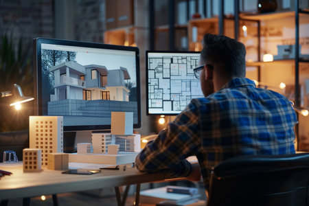 Architect working on computer at night in office. Construction concept.の素材