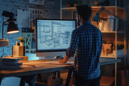 Architect working on drawing table in office at night. Construction concept.の素材