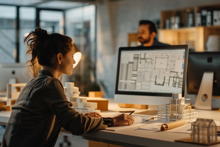 selective focus of architect working on blueprint at workplace with colleague in officeの素材