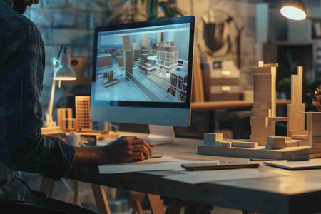 Architect working on blueprint in office, closeup. Construction conceptの素材