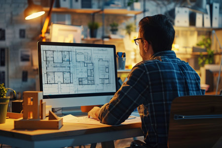 Architect working on drawing table in office at night. Architect working on blueprint.の素材