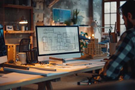Architect working on drawing table in office at night. Construction concept.の素材