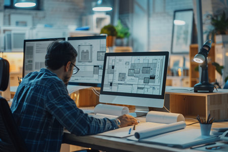 selective focus of architect looking at blueprint on computer monitor in officeの素材