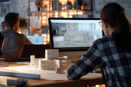 Back view of female architect working on blueprint at desk in office. Young woman in checkered shirt sitting at desk and using computer. Construction conceptの素材