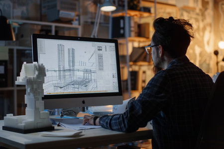Architect working on computer in office at night. Construction concept.の素材