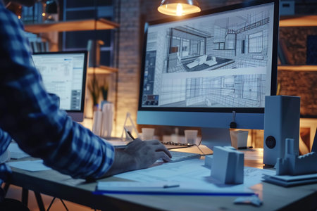 Architect working on blueprint at night in office. Construction concept.の素材