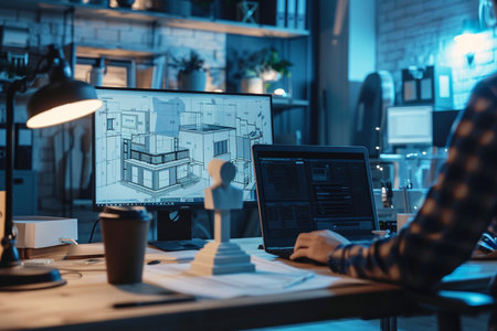 Architect working on blueprint at night in office. Architect working on construction project.の素材