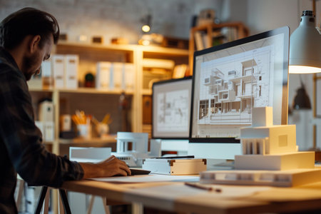 selective focus of architect working on blueprint at workplace with computer in officeの素材