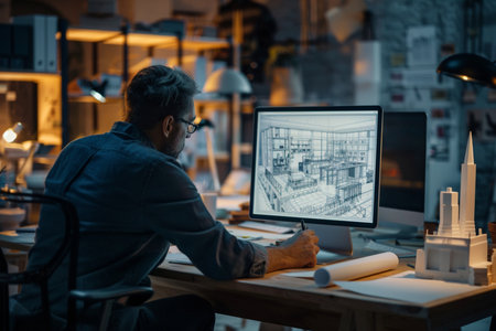 Architect working on computer at night in office. Construction concept.の素材
