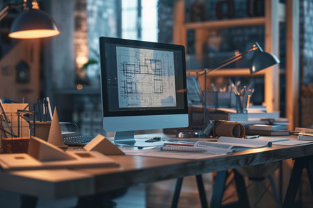 Designer desktop with computer and architectural drawings. 3d rendering.の素材