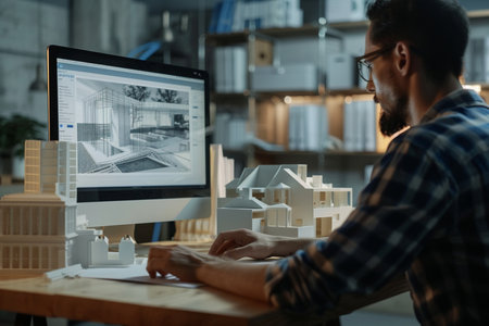 Architect working with model of house and computer at desk in officeの素材