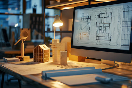 Architectural project. Close-up of a blueprint of a modern officeの素材