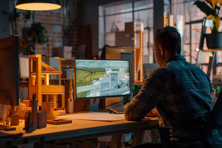 Architect working on drawing table in office at night. Construction concept.の素材