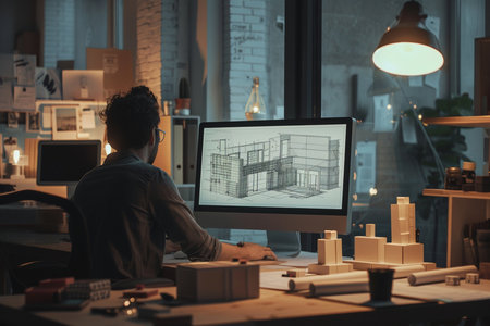 Architect working on computer in office at night. Construction concept.の素材